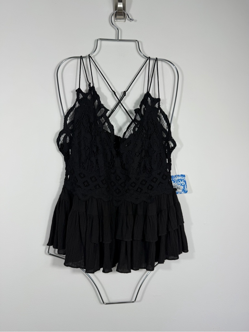 Free People Intimately Black Lace Adella Ruffle Cami Top Size L NWT